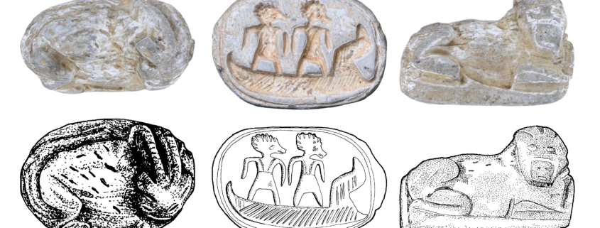 Skaraboid aus Tell el-Far'ah (Süd) aus Grab 229, Eisenzeit IIA (10.–9. Jh. v.u.Z.); London Institute of Archaeology EVII.59/36; vgl. https://ancmed.ulb.be/details.php?row=326 bzw. den Eintrag in CSSL: https://doi.org/10.60779/cssl-03984.